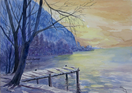 The lake in winter (Annecy-France)-Watercolour painting