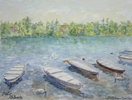 Evening quiet on the river Ticino (Sesto Calende Italy)-Watercolor painting