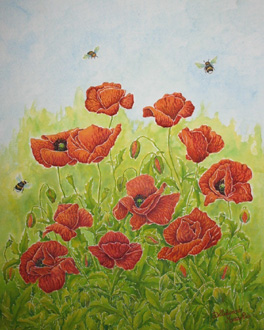 Bombus Terrestris dancing amongst the summer colours-Watercolor painting